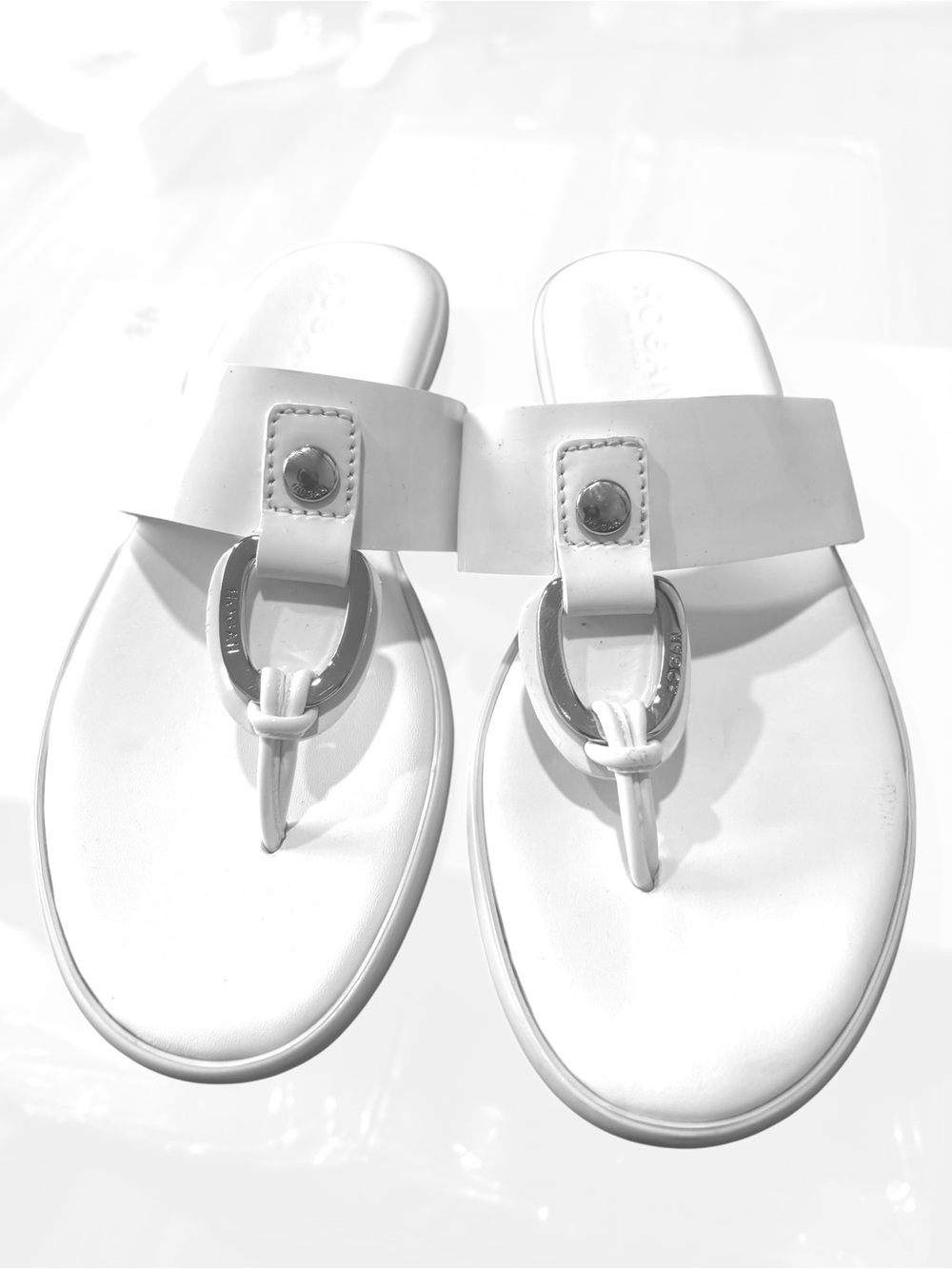 Hogan White Leather Thong Sandals with Silver Ring Detail